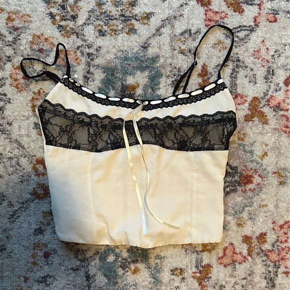 White Fox Boutique Tops - White Fox Boutique Cream and Black Lace Crop Cami